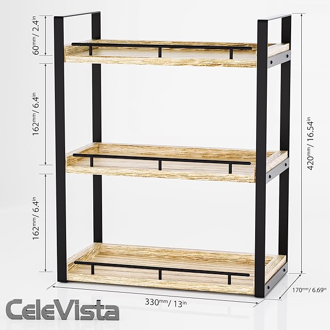 Bathroom Counter Organizer, 3 Tier Wood Countertop Shelf | for Vanity, Skincare, Makeup, Coffee Storage, Wood Shelves, Durable Metal Bracket, for Bathroom Sink, Kitchen (Rustic Brown)