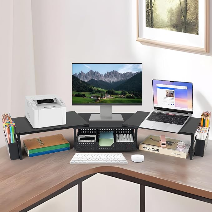 OPNICE Desk Organizers and Accessories, Dual Monitor Stand Riser with Drawer and 2 Pen Holders, Desk Shelf Computer Racks for Office Workspace Organizers, Desktop Organization (Charcoal Black)
