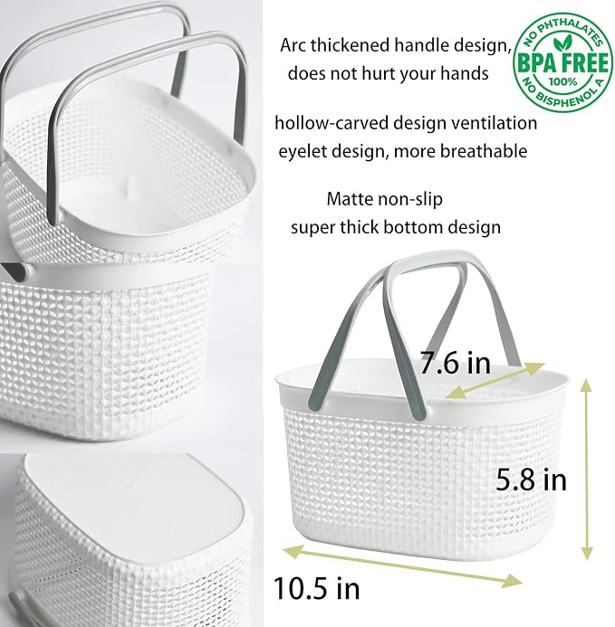 rejomiik Portable Plastic Shower Caddy Basket with Handles, White | Organizer Storage Tote Toiletry Bin for Bathroom, College Dorm Essentials, Kitchen, Camp, Gym