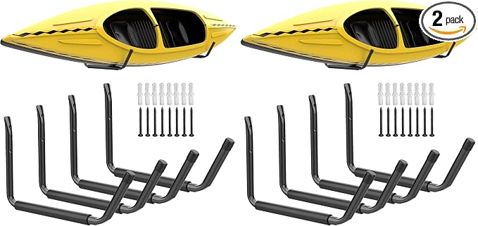 WALMANN Lightweight Kayak Storage Rack, Wall Mount Kayak Hooks for Garage Utility Storage Hangers for Canoe, Surfboard, Skiis, Snowboard, Paddle Board, Ladders (Pack of 2)