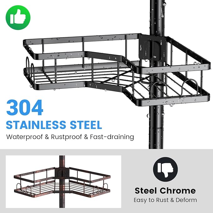 Corner Shower Caddy Tension Pole: 4-Tier Adjustable Rustproof Bathroom Organizer Shelves - No-Drill Bathtub Shampoo Rack Standing Shower Caddy for Renters, Apartment & Family Bathroom 31-124 inch