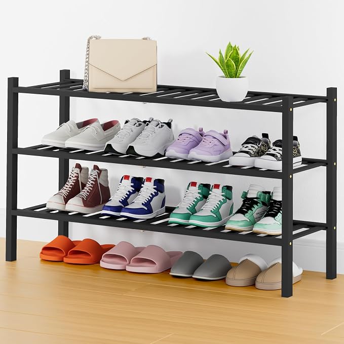 Smiry Bamboo Shoe Rack, 14 Vertical Slats, 3 Tier - 33.7" Wide, Black | Stackable Free Standing Wooden Shoe Organizer, Wood Shoe Storage Shelf for Closet, Entryway, Thicher Leg