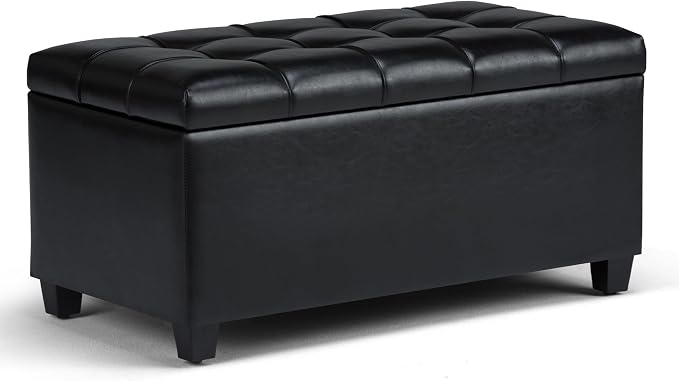 SIMPLIHOME Avalon 35" Wide Velvet Square Storage Ottoman in Blue | Transitional ottoman with tufting and lift-up lid; rectangle storage bench for living room or entryway.