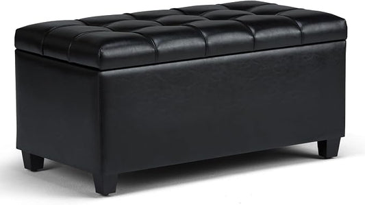 SIMPLIHOME Avalon 35" Wide Velvet Square Storage Ottoman in Blue | Transitional ottoman with tufting and lift-up lid; rectangle storage bench for living room or entryway.