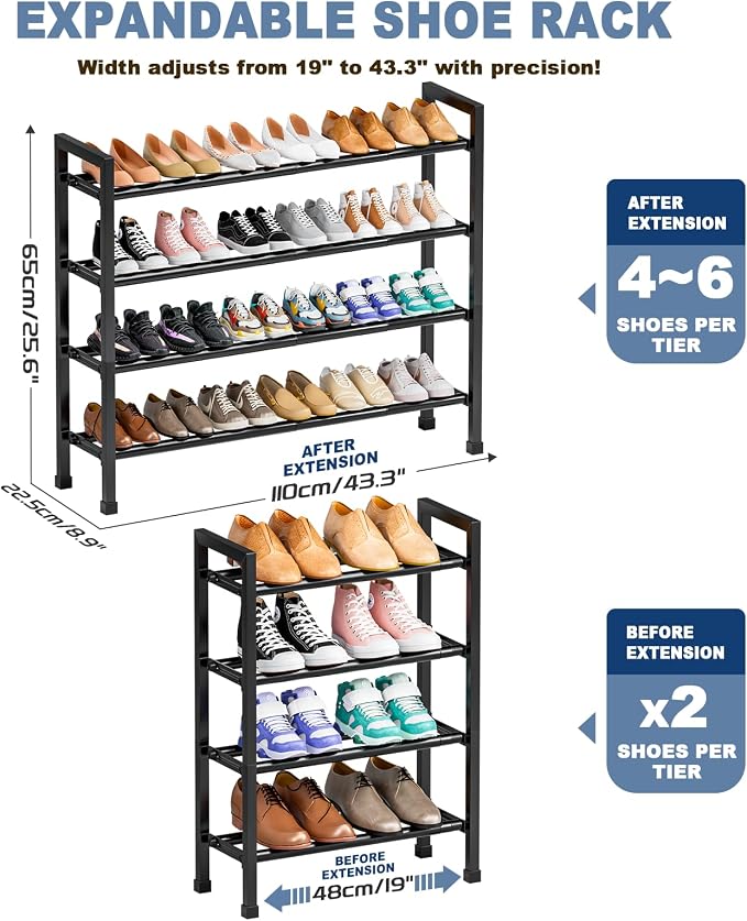 Mavivegue Expandable Shoe Rack, 4-Tier 19"-43.3" Adjustable Shoe Rack for Closet,Hall Entryway,Front Door,Garage, Sturdy Steel Space-Saving Rack, Black