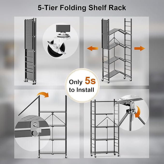 Himix 5-Tier Foldable Storage Shelves with 20 Hooks Wheels Grey Display | Folding shelving units, Metal collapsible organization, Wire shelf, No assembly, Bookshelf, Kitchen, Home rack, Holds 440 Ibs