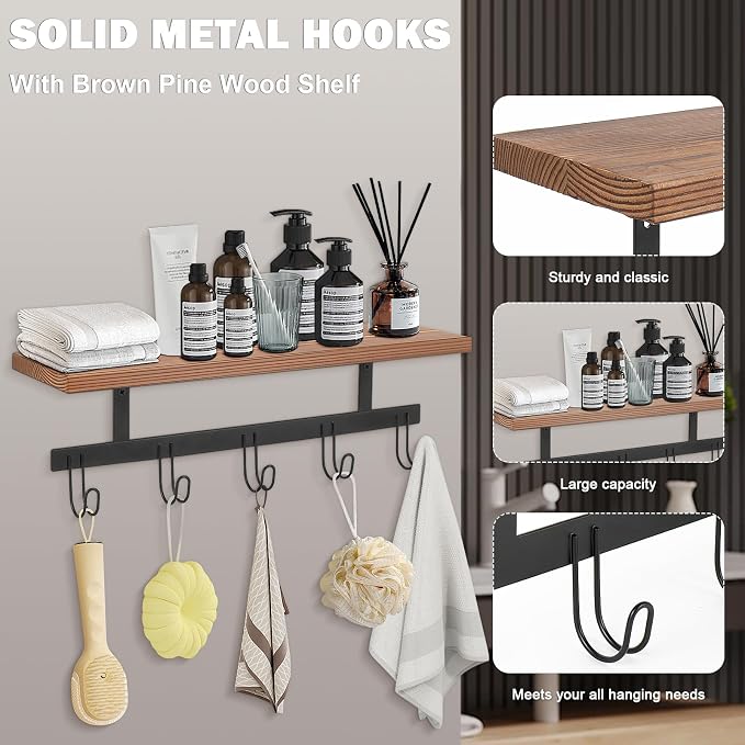 Livabber Wall Mounted Coat Rack with Wooden Shelf, Heavy Duty Wall Hanging Storage with 5 Metal Hooks for Bathroom, Entryway, Living Room, Bedroom (Black)