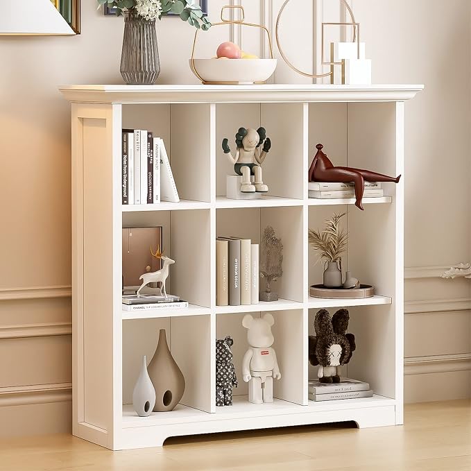 OSCHF 9-Cube Open Bookcase with Base, 3-Tier Wooden Bookshelf, White | Curved Base, Crown Molding, Fits 11×11" Bins, Modern Storage Cabinet for Living Room, Bedroom, Home Office