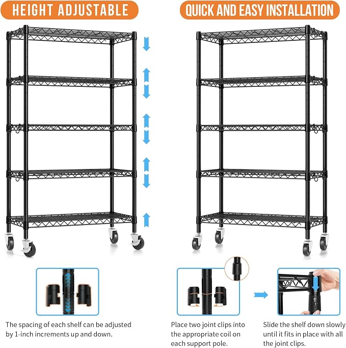 Hodonas Wire Shelving, 1900lbs Capacity 5 Tier Heavy Duty NSF Wire Shelf with Rolling Wheels Black Metal Storage Shelves Adjustable Wire Rack Unit 36"W x 14"D x 72"H for Kitchen Bathroom Garage Closet | 5 Tiers, Adjustable Metal Shelves, with Leveling ...