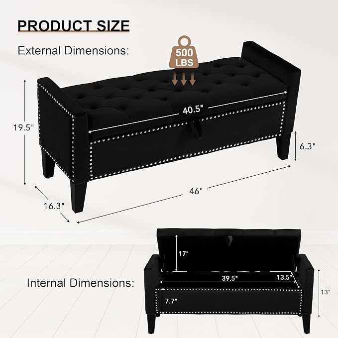 Velvet Storage Ottoman Bench, 46'' Upholstered Button Tufted End of Bed Bench, Modern Entryway Ottoman with Arms, Black