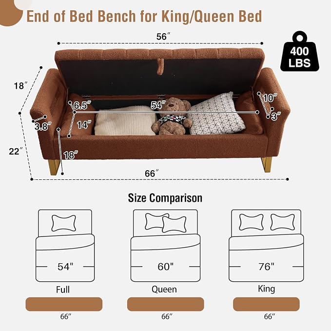 66" Storage Bench for Bedroom Upholstered End of Bed Bench King Size Brown | Long Bedroom Benches for Foot of Bed King,Teddy Storage Bed Bench with Gold Legs,2 Pillows for Entryway Windows Cloakroom