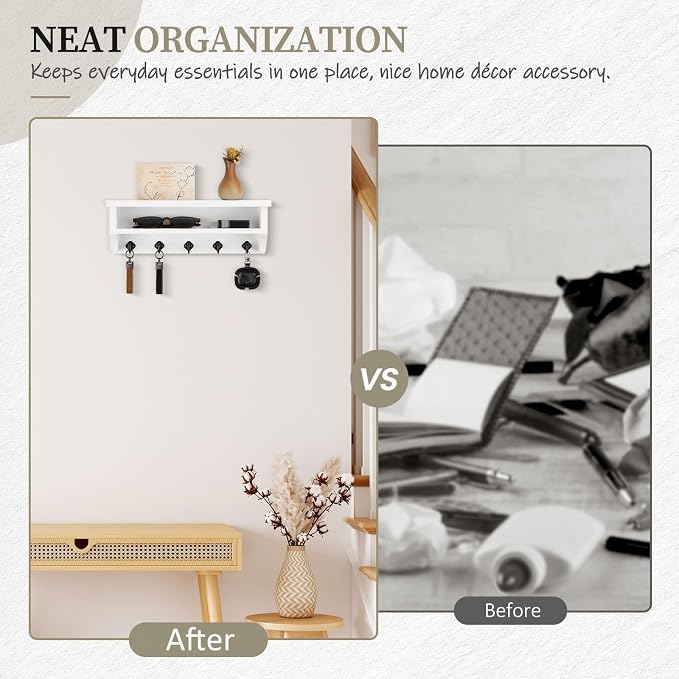 Nekon Key Holder Wall Mount, Wall Organizer Shelf with 5 Key Hooks, Room Decor for Home and Apartment Essentials, White