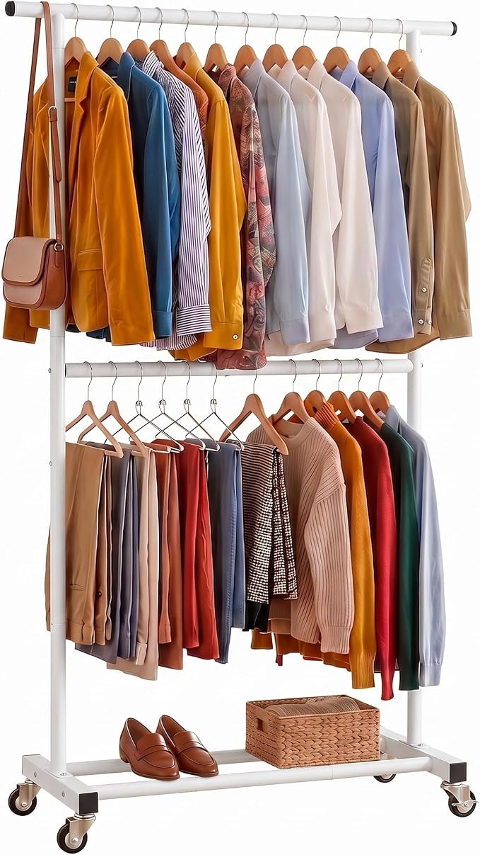 Sywhitta Double Rod Metal Clothing Garment Rack on Wheels, White | Rolling Clothes Organizer, for Hanging Clothes,Coats,Easy to Assemble,Space-Saving,Mobile Organizer for Closet