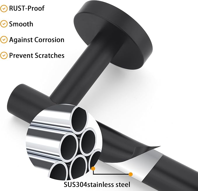 Matte Black SUS304 Stainless Steel Bath Towel Bar Single Bars Towel Rack Rod Classic Wall Mounted Bathroom Towel Holder Toilet Kitchen Towel Shelf Single Layer, 18 inches.
