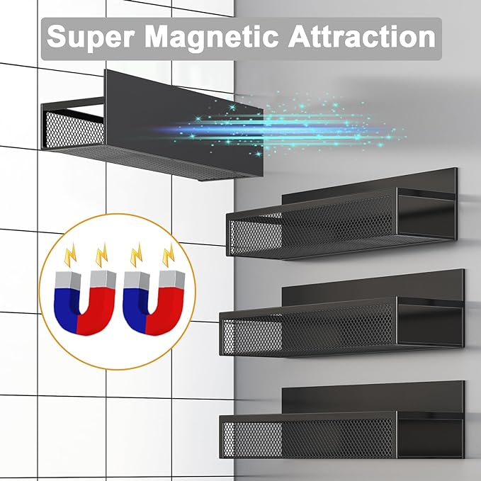 Aufworld Magnetic Spice Rack for Refrigerator, 4 Pack Magnetic Shelf, Fridge Magnet Organizer with Moveable 8 Hooks, Magnetic Fridge Shelf for Kitchen Organization and Storage (4 Pack)