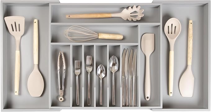 KitchenEdge Silverware & Utensil Drawer Organizer, 18-33 in, Gray Bamboo | Cutlery, flatware, food-safe contract grade, kitchen drawer fit