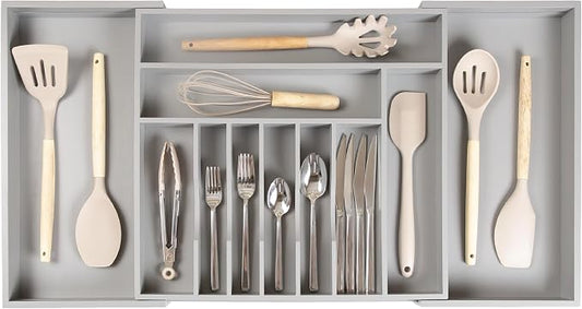 KitchenEdge Silverware & Utensil Drawer Organizer, 18-33 in, Gray Bamboo | Cutlery, flatware, food-safe contract grade, kitchen drawer fit