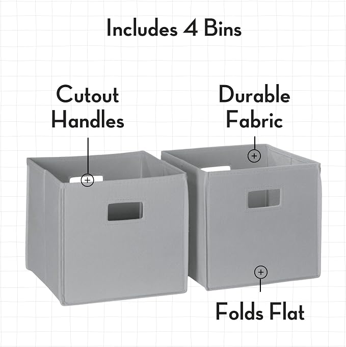 RiverRidge Folding Storage Bins - 4-pack of 10in Tall Gray Cubes | Fabric Bins, Set of 4 Storage Cubes, Cut-out Handles, Playroom Closet Organizer, Collapsible Cubby with Bottom Board Insert
