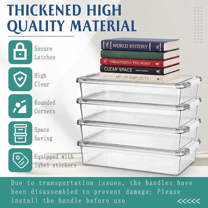 Fullhawl 8 Pcs Thickened Paper Storage Bin with Latching Lid, Label Clear Plastic Stackable Letter Size Tray Storage Container Arts Crafts Classroom Office Home Teacher Sorting (White)