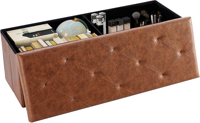 DUMOS 43 Inch Folding Storage Ottoman Bench, Large Ottoman with Storage | Storage Chest with Padded Seat, End of Bed Foot Rest Stool for Bedroom Living Room, Load 660 lbs, Synthetic Leather, Brown