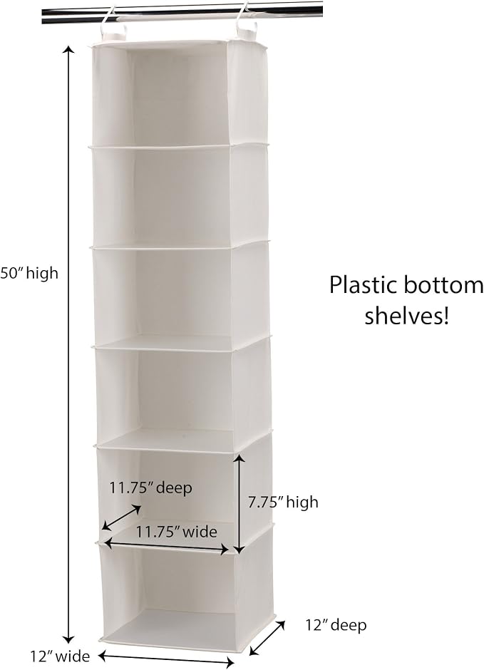Household Essentials 6‑Shelf Hanging Closet Organizer in Soft Blended Canvas with Durable Plastic Shelving and Dual Wire Hooks, Cream