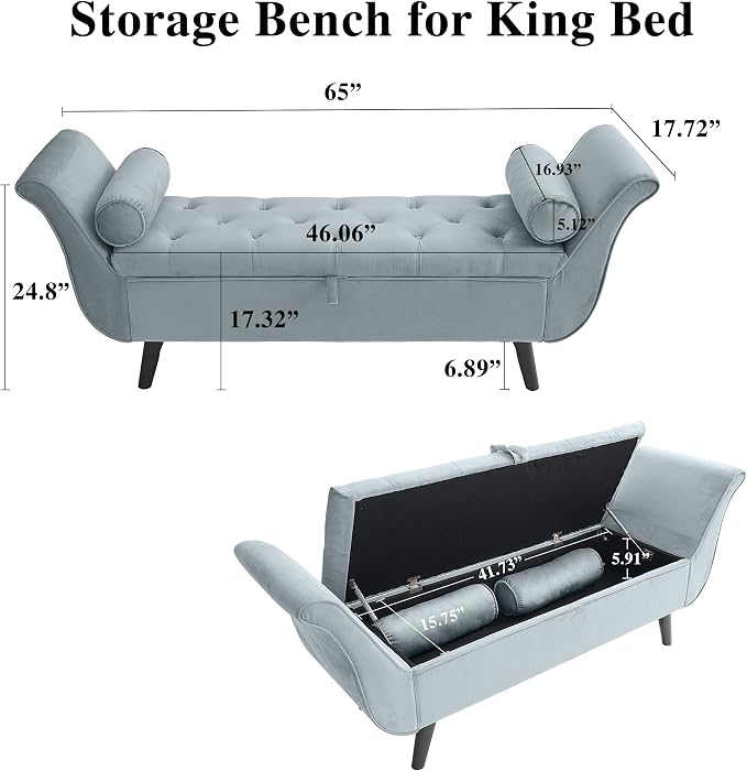 End of Bed Storage Bench for Bedroom, 65" King Size Velvet Storage Bench with 2 Pillows, Upholstered Rolled Armed Button Tufted Sofa Ottoman Bench, Long Narrow Bench for Entryway (Gray)