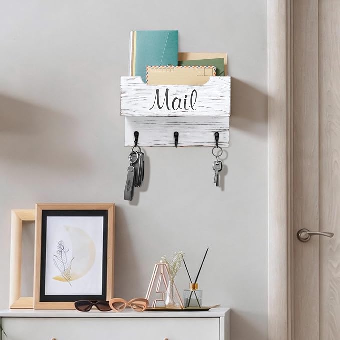 DRASTAR Small Mail Organizer Wall Mounted,Wooden Mail & Key Holder for Wall, Hanging Mail Organizer,Retro White