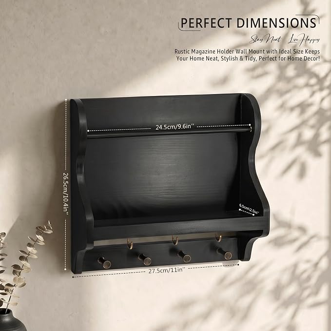 Pine Wood Mail Organizer Wall Mount with 7 Key Hooks for Home Decor, Black | Mail Holder for Wall, Key Hanger for Keys and Wallets, Magazine Holder for Paper, Bill Storage, Apartment Rustic Aesthetic