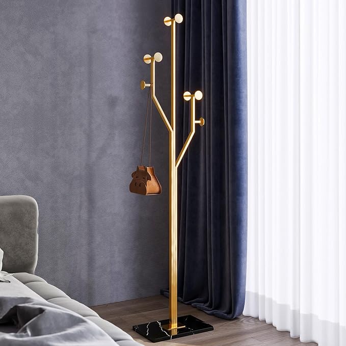 Gold Coat rack,Sturdy coat tree freestanding heavy duty with Marble Base,Metal standing coat rack for Bedroom,Entrance,Modern coat hanger stand for Coats,Hats,Bags(gold)