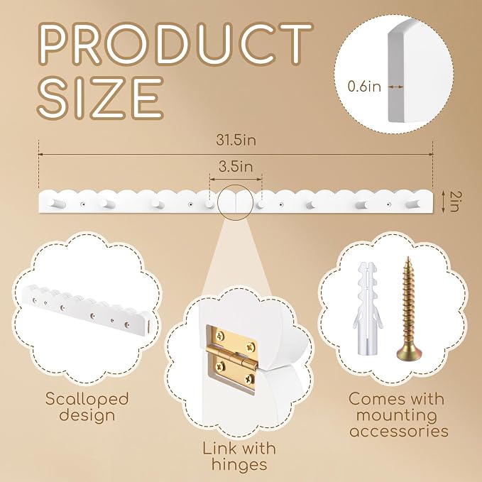 Leinuosen 1 Pack Scalloped Coat Rack Wall Mount Cute Nursery Wall Hook 31.5 Inch 8 Hooks Wood Backpack Hanger for Toddler Kids Clothes Hat Towel Keys Bathroom Classroom Playroom Nursery Decor