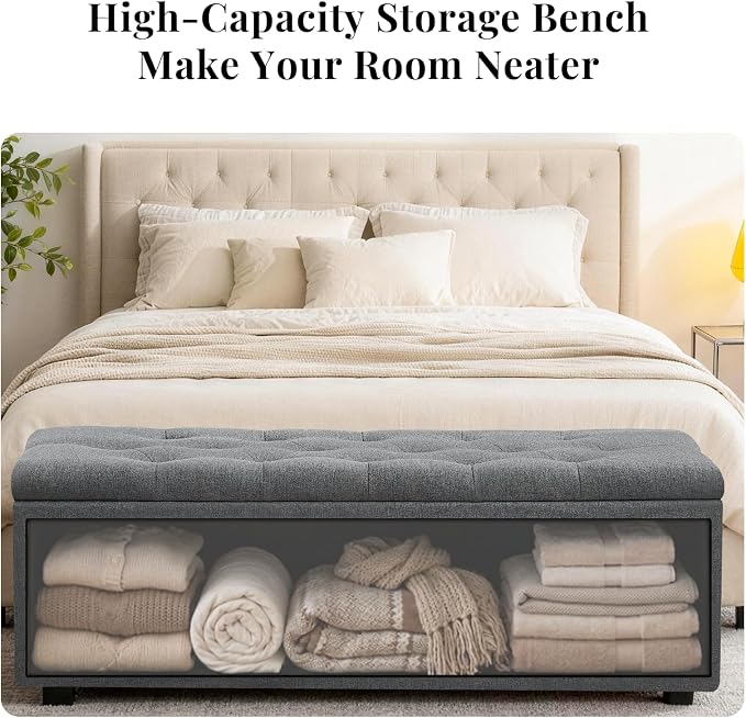 43" Ottoman with Storage and Sturdy Metal Frame, Tufted Upholstered Storage Bench, Modern Footboard Hideaway Chest with Removable Lid and Footrest for Living Room, Entryway (Dark Gray)