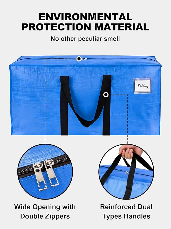 HOMESURE Supports 200lbs Heavy Duty Moving Bags - Strong Zipper & Wrap-Around Handles - Water-Resistant Storage Totes, Durable Alternative to Moving Boxes - 4 Pack - Sky Blue