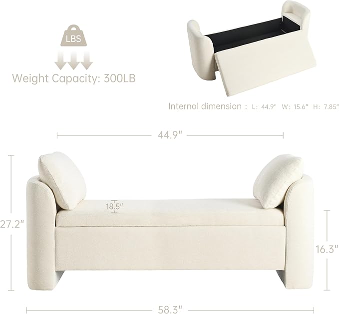 Usaint 58.3" Upholstered Storage Ottoman Bench with 2 Throw Pillows, Beige | End of Bed Bench with Curved Arms and Thickened Seat Cushion for Bedroom, Livingroom, Window, Entryway and Dressing Areas