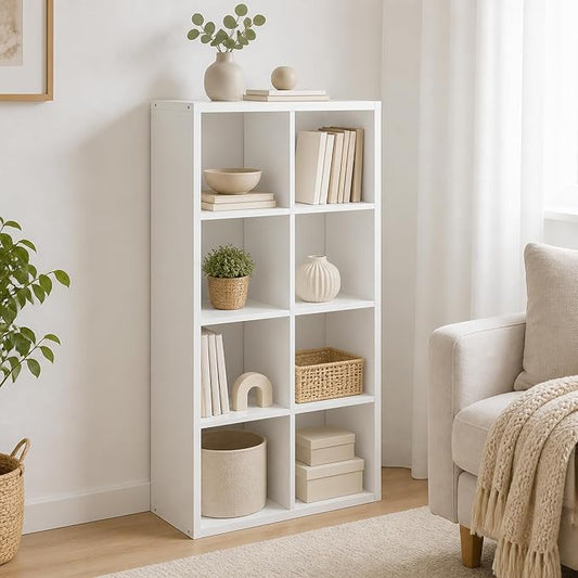 8-Cube Cubicle Bookshelf, Cube Bookcase with Open Back, Reversible Book Shelf, Cube Storage Organizer, 15 x 30 x 58, for Living Room, Home Office, White