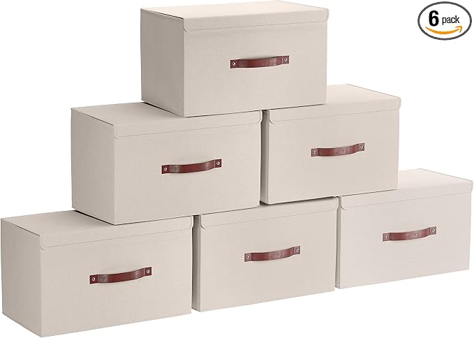 Ornavo Home 6 Pack Collapsible Storage Bins with Lid, 15x10x9, Beige | Foldable Linen Fabric; Faux Leather Handles; Ideal Closet Organizer & Large Storage Box for Clothes and Shelves