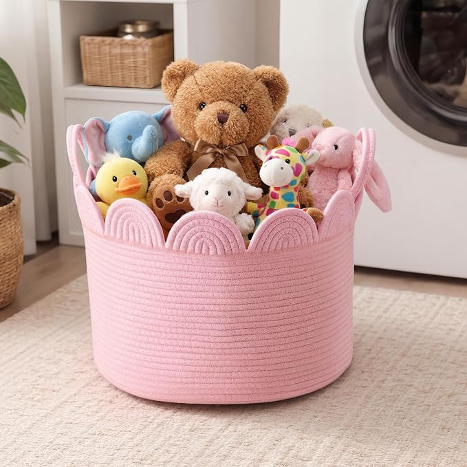 LemonRoad Pink Round Basket Large Blanket Basket 16'' x 14'' Scalloped Woven Baskets Cotton Storage Baskets for Nursery Classroom Closet Blankets Storage Home Decor