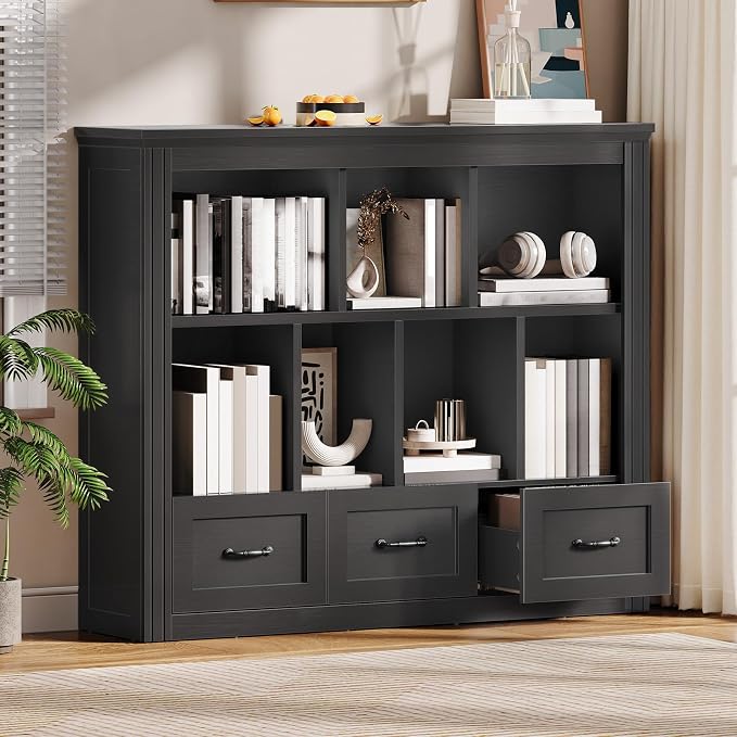 10 Cube Bookshelf Set of 2, Wooden Cubby Storage Organizer, Farmhouse Short Bookcase, Cube Shelf Bookcase with 3 Drawers, 3 Tiers Floorstanding Open Bookshelf, Black