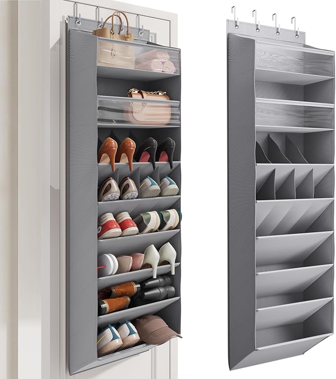 Mefirt 16-20 Pairs Over the Door Shoe Organizer, Clear Pockets Shoe Rack for Closet Door, Hanging Shoe Rack for Boots, Behind the Door Shoe Holder Fit All the Family's Sneakers, Boots, Heels, Grey