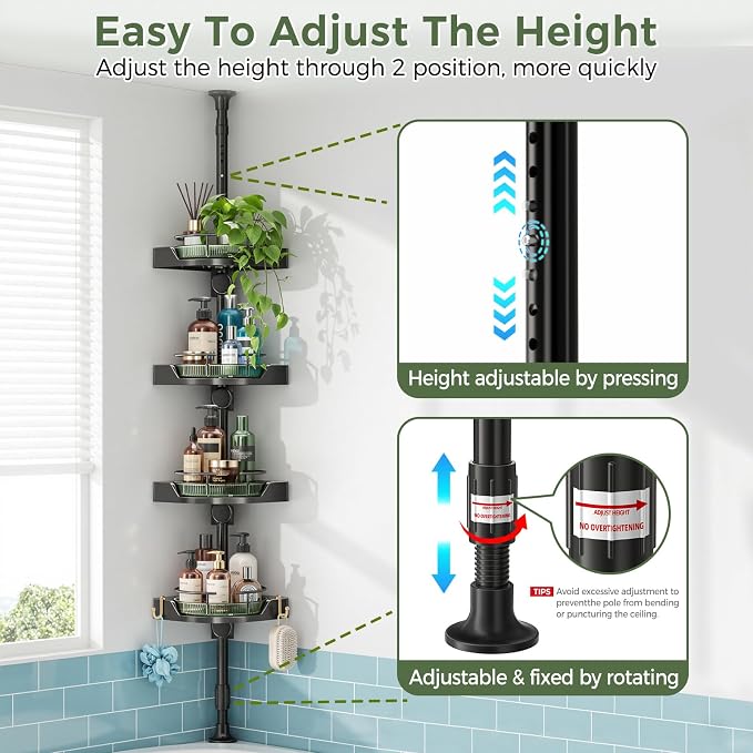 AKINBAS 360° Rotating Shower Caddy Tension Pole with 4-Tier Rustproof Lazy Susan 35-128 Inch No Drilling Coner Shelves Adjustable Shower Rack for Bathroom Bathtub Washbasin Plant Storage (Black+Green)