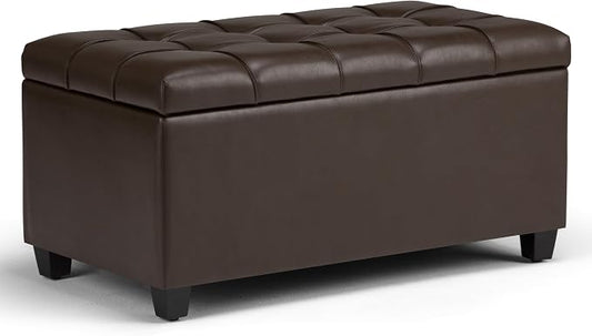 SIMPLIHOME Shiloh 48" Wide Vegan Leather Rectangle Ottoman in Saddle Brown | Transitional ottoman with tufting and lift-up lid; rectangle storage bench for living room or entryway.
