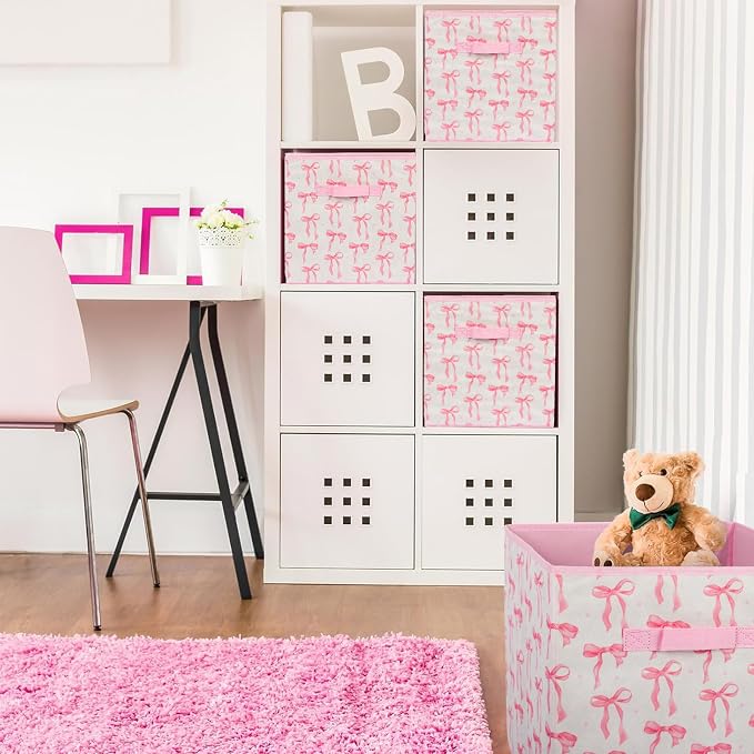 6 Pcs Pink Bow Cube Storage Bins 12.5 Inch Pink Storage Basket with Handle, Preppy Girls Organizer Basket, Collapsible Fabric Box for Classroom Bedrooms Office Home Decoration (Bow)