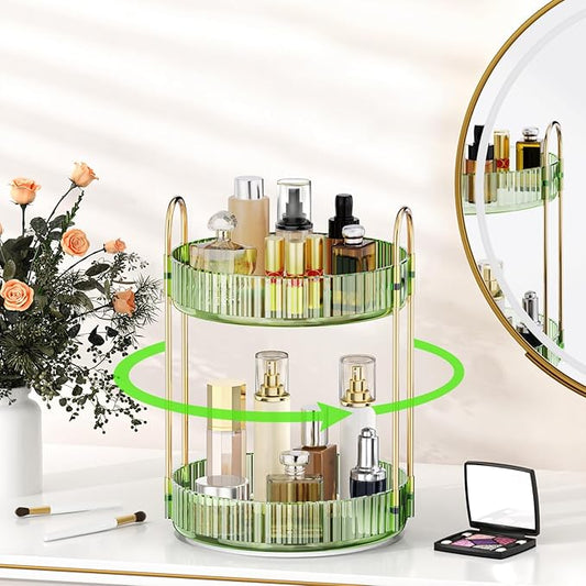 MOKANI 360 Rotating Makeup Organizer for Vanity, 2 Tier Perfume Organizer | Adjustable Multi-Function Spinning Cosmetics Skincare Storage for Bedroom, Dresser, Countertop, Green