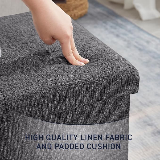 Ornavo Home 30 Inch Folding Storage Ottoman Bench, Tufted Linen, Dark Gray | Upholstered Large Ottoman with Lid; Foot Rest Stool; Ideal for Bedroom, Living Room or Entryway