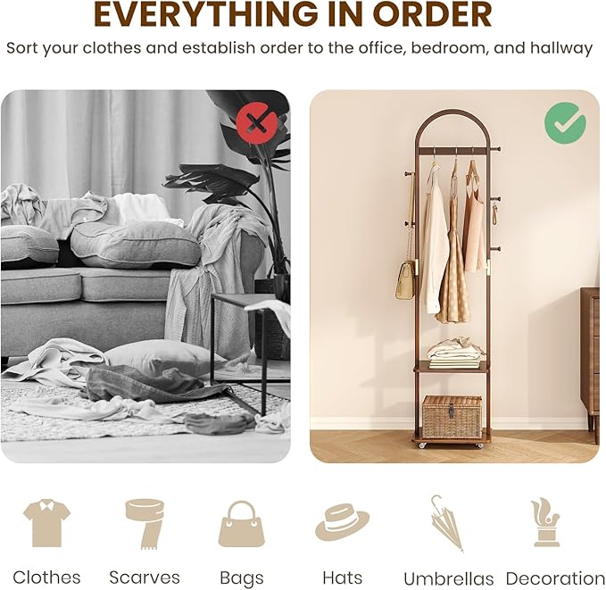 15.9" Narrow 3-in-1 Rolling Clothing Rack,Wooden Coat Rack with Wheels, 2 Shelves and 5 Hooks, Solid Rubber Wood Coat Rack with Shelves for Entryway, Bedroom, Living Room, Walnut