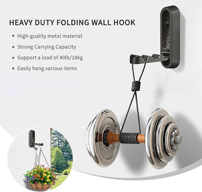 2PCS Foldable Wall Hooks, Flip Down Design with 40 lbs Heavy-Duty Capacity, Retractable Wall Hooks for Bathroom, Bedroom & Entryway Space Saving (Black)