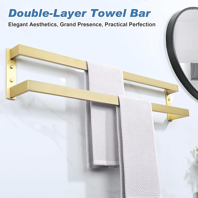 Alise Double Towel Bar, 32" Double Towel Racks for Bathroom, Brushed Gold | Bathroom Towel Rack Wall Mounted, 3.54" Wide Faster Drying, Ladder Design, SUS304 Stainless Steel