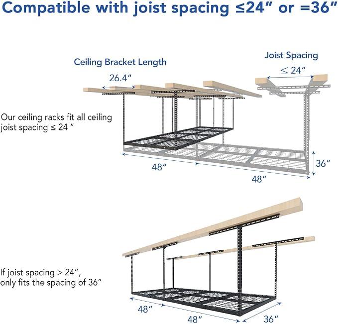 FLEXIMOUNTS 3x8 Overhead Garage Storage Rack,Adjustable Storage Organization System, Heavy Duty Metal Garage Ceiling Storage Racks, 2 pack, Hammertone, Classic Series