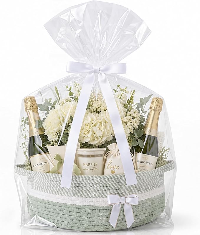 Colingmill 1 Set Woven Empty Basket for Gift,Sage Green White | with Cellophane Wrap Set, 14 x 10 x 5.5 Inch, Medium Decorative Gift Basket, Cotton Rope Storage Box, Home Decor