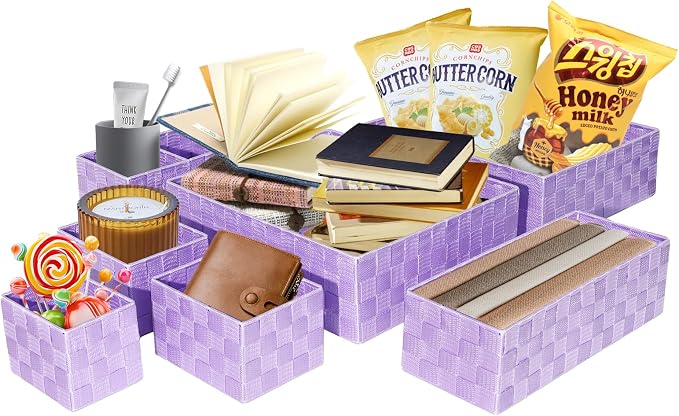 Drawer Organizer, Cube Baskets for Storage Shelves, Handmade Small Woven Basket, Shallow Storage Bins for Organizing Desk, Dresser, Kitchen, Pantry, Nested 7 Pack, Purple