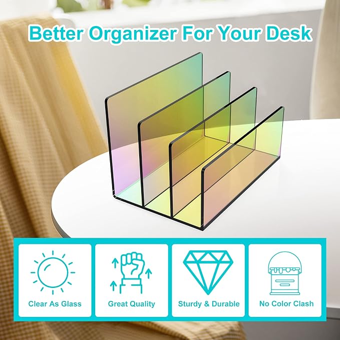 Boloyo Acrylic File Holder,1PC 3 Sections Rainbow File Organizer Mail Letter Sorter Desktop Folder Holder for Home Office School Envelope Bill Filling Paper Document